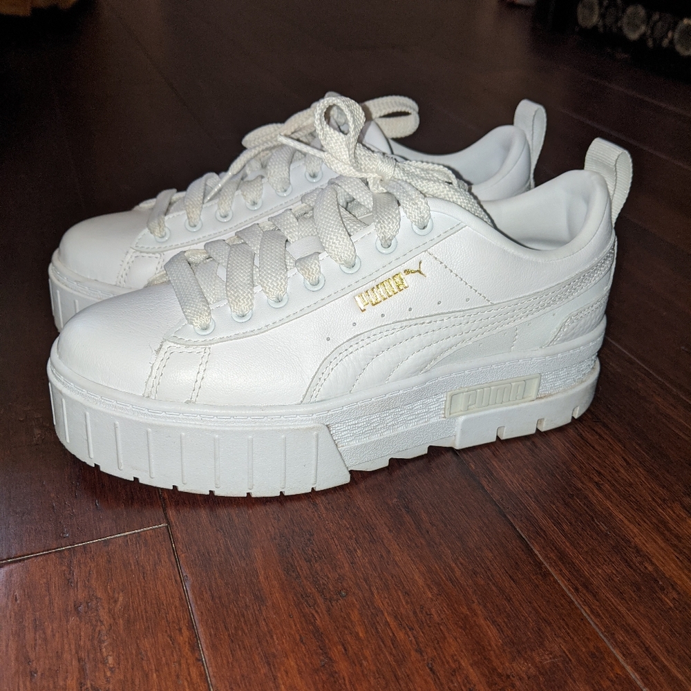 Puma "Mayze" platform sneakers in white/beige